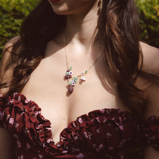 Blackberry Mouse Necklace on model showing pearl blackberries and hand-finished enamelling