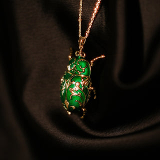 Green and Gold Antique Beetle Pendant Necklace