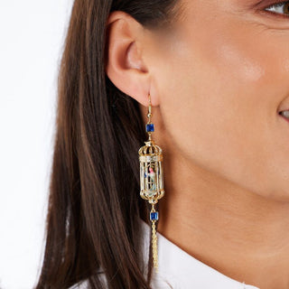 Bird Cage Blue Bird Drop Gold Plated Earrings