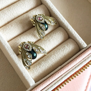 Bejewelled Moth Stud 18ct Gold Plated Earrings with simulated pearls