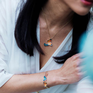 Orange and Blue Hand-Painted Butterfly Necklace