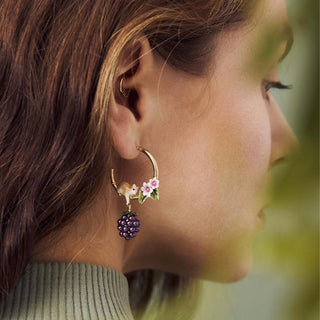 Blackberry & Mouse Hoop Earrings in Enamel and Gold Plating