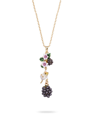A delicate gold chain necklace featuring a whimsical pendant with a small white mouse, pink and black grapes, and green leaves, set against a clean white background.