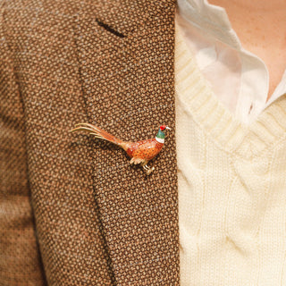 Brooch - pheasant on a textured brown jacket