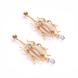 Bejewelled Beetle Drop Earrings - White