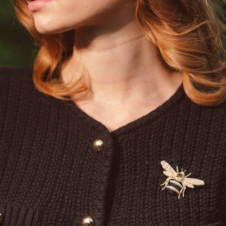 Woman wearing Bejewelled Pearl Bee Brooch