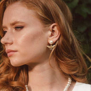 Woman wearing Bejewelled Pearl Bee Earrings 