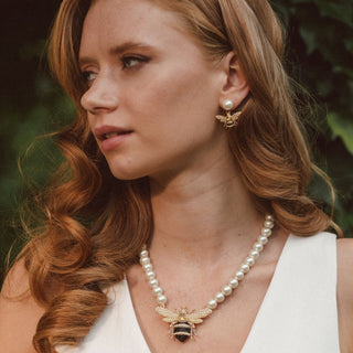 Bejewelled Pearl Bee Earring and Necklace worn together