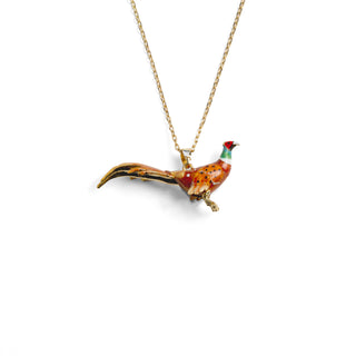 Enamelled Pheasant pendant on a gold chain against a white background