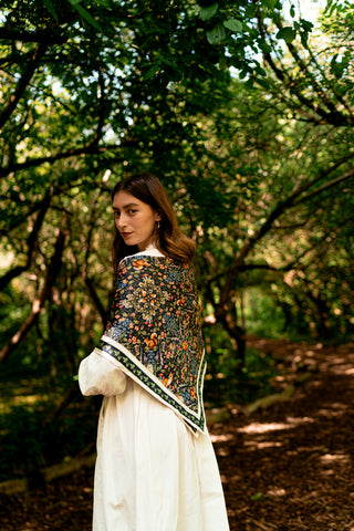 Forest Friend Print Scarf Navy styled over shoulders