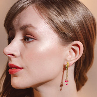 Model wearing Goldcrest Golden Song Drop Earrings