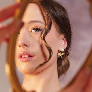 Style shot of Bejewelled Pearl Bee Earrings
