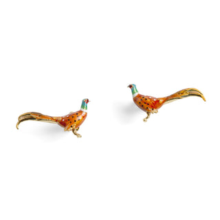 Two colorful pheasant stud earrings on a white background